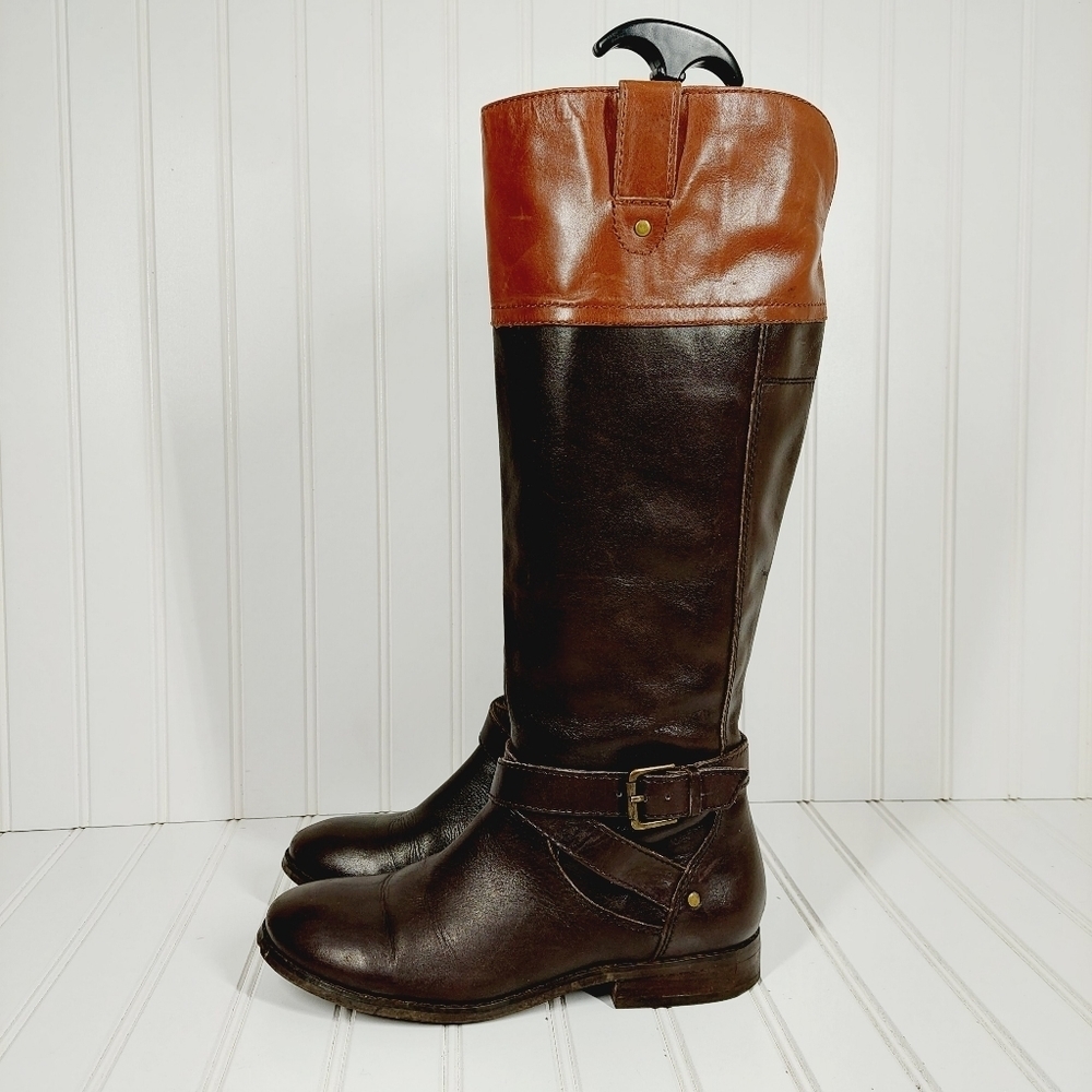 Marc Fisher Brown Leather Knee High Riding  M-Wide Calf Buckle Straps Boots C138